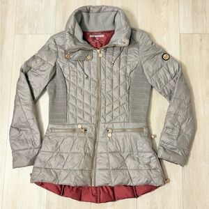 Bernardo Primaloft Puffer Jacket Womens Petite Small Taupe Gray Rose Gold Mid